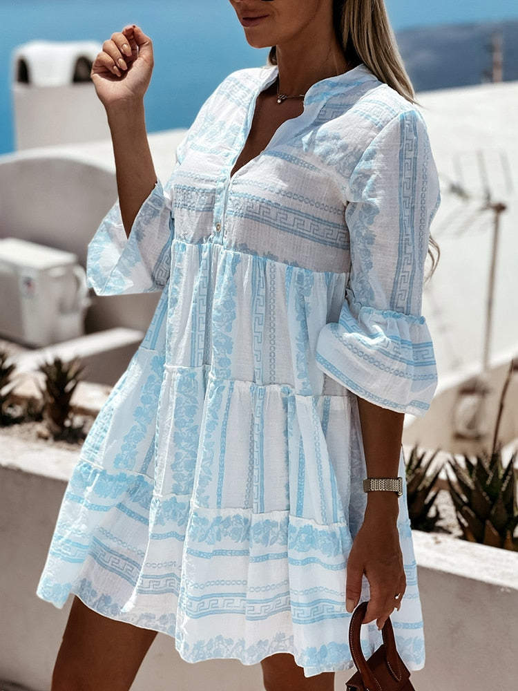 Inna Ibiza Ruffle Dress | Airy Boho Summer Fashion-Blue-S-State of Style