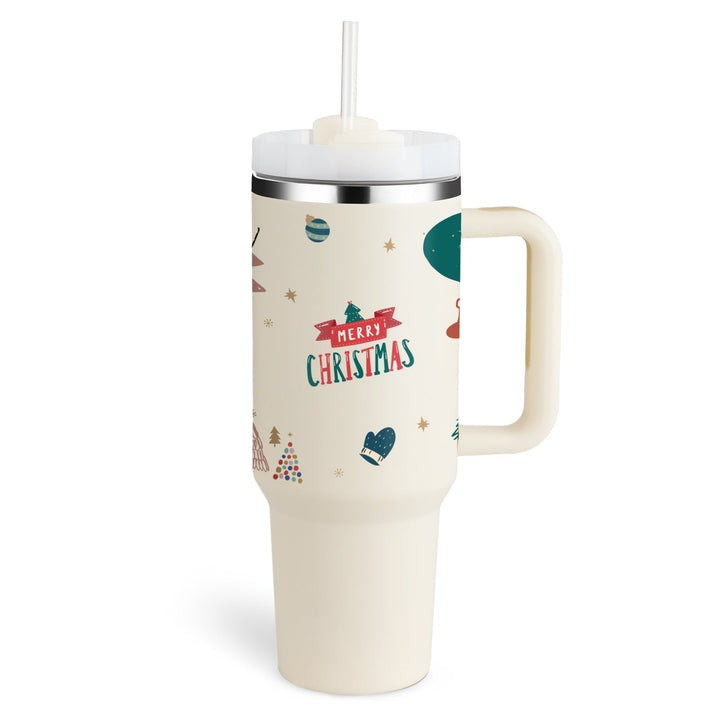 Insulated Mug with Handle and Straw - ChillMate-Christmas Beige-1200 ML-State of Style