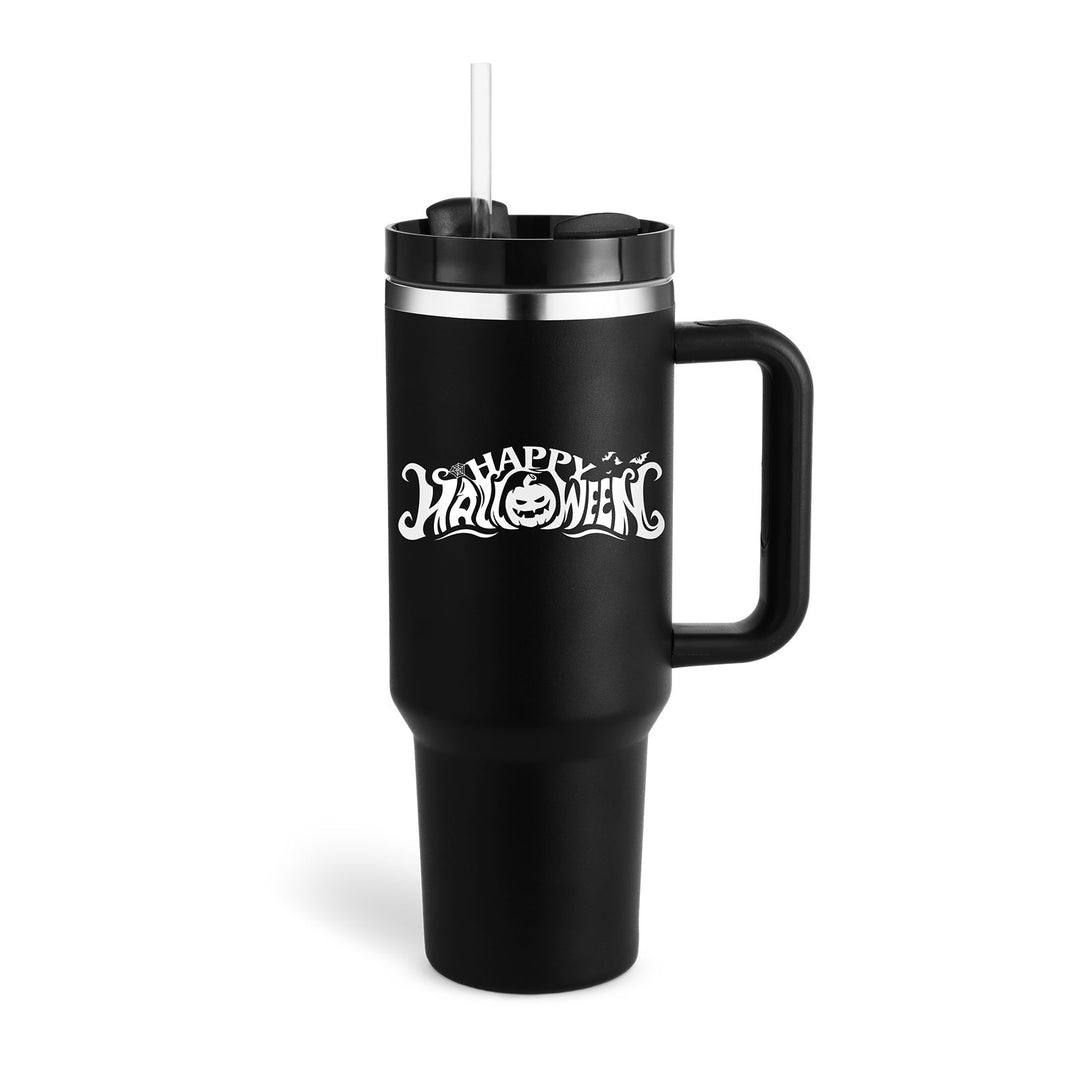 Insulated Mug with Handle and Straw - ChillMate-Halloween cream black-1200 ML-State of Style