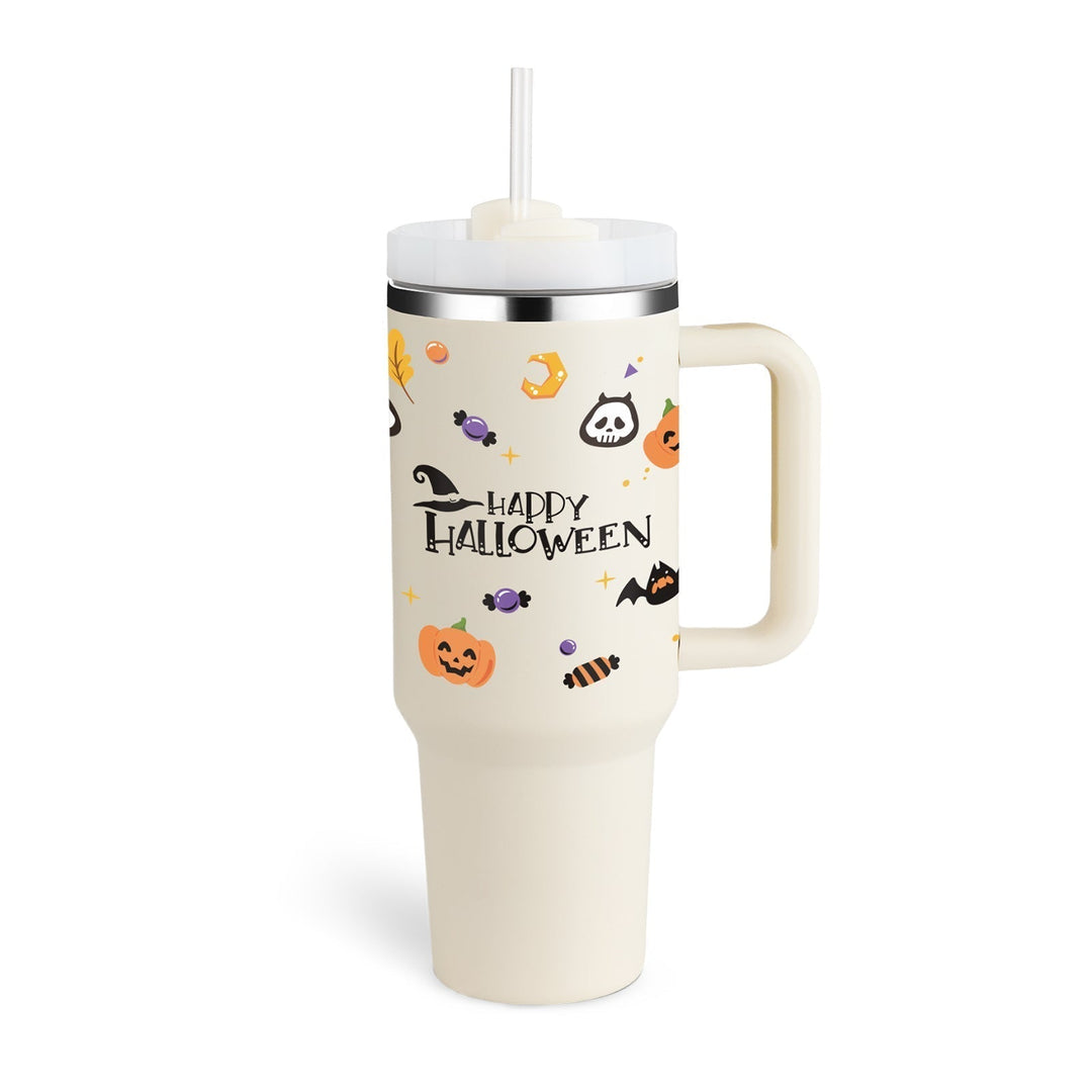 Insulated Mug with Handle and Straw - ChillMate-Halloween Cream white-1200 ML-State of Style