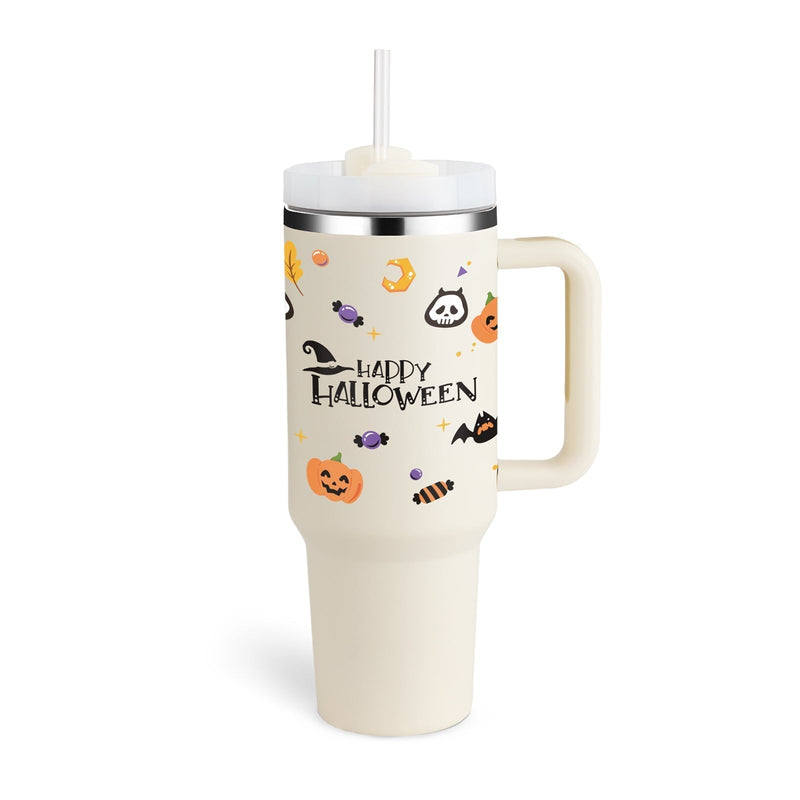 Insulated Mug with Handle and Straw - ChillMate-Halloween Cream white-1200 ML-State of Style