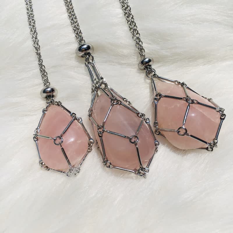 Iris Small Natural Crystal Pendant Necklace-Rose Quartz-Silver-State of Style