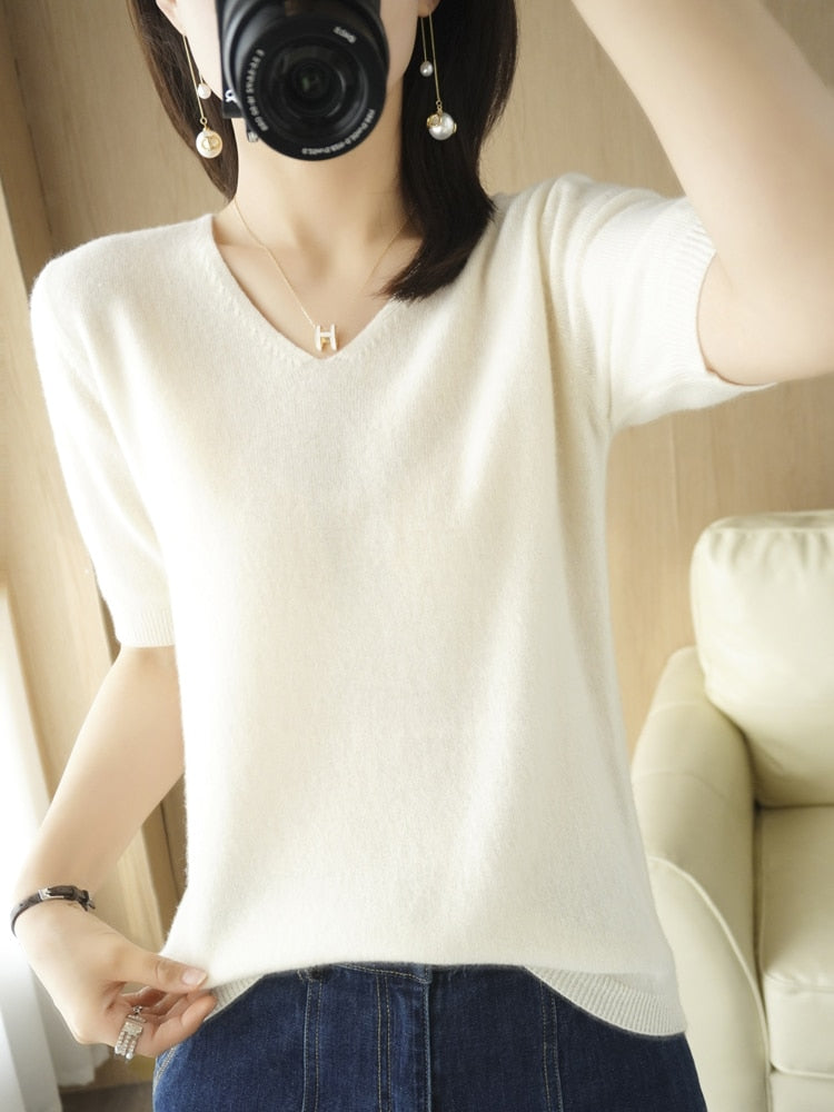 IsabelsShirt | Women's Classic V-Neck Sweater-Beige-S-State of Style