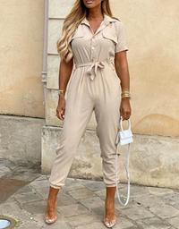 Jade Jumpsuit | Short-Sleeved, Belted & Perfect for Summer-Beige-S-State of Style