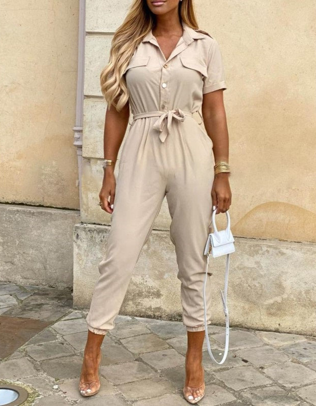 Jade Jumpsuit | Short-Sleeved, Belted & Perfect for Summer-Beige-S-State of Style