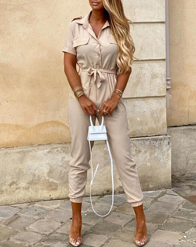 Jade Jumpsuit | Short-Sleeved, Belted & Perfect for Summer-Beige-S-State of Style