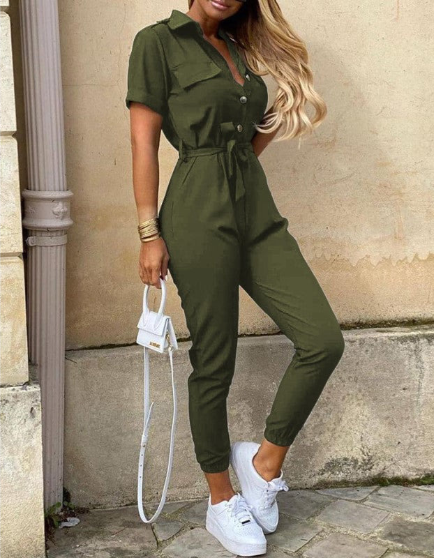 Jade Jumpsuit | Short-Sleeved, Belted & Perfect for Summer-Beige-S-State of Style