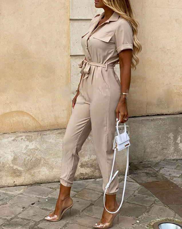 Jade Jumpsuit | Short-Sleeved, Belted & Perfect for Summer-Beige-S-State of Style