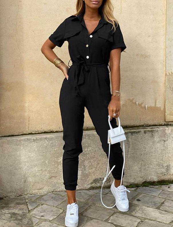 Jade Jumpsuit | Short-Sleeved, Belted & Perfect for Summer-Black-S-State of Style