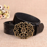Jana Traditional Belt – Sunflower Pattern Leather Belt with Pin Buckle-Black-105 CM-State of Style