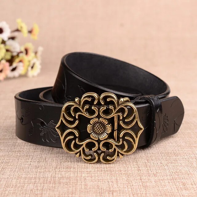 Jana Traditional Belt – Sunflower Pattern Leather Belt with Pin Buckle-Black-105 CM-State of Style