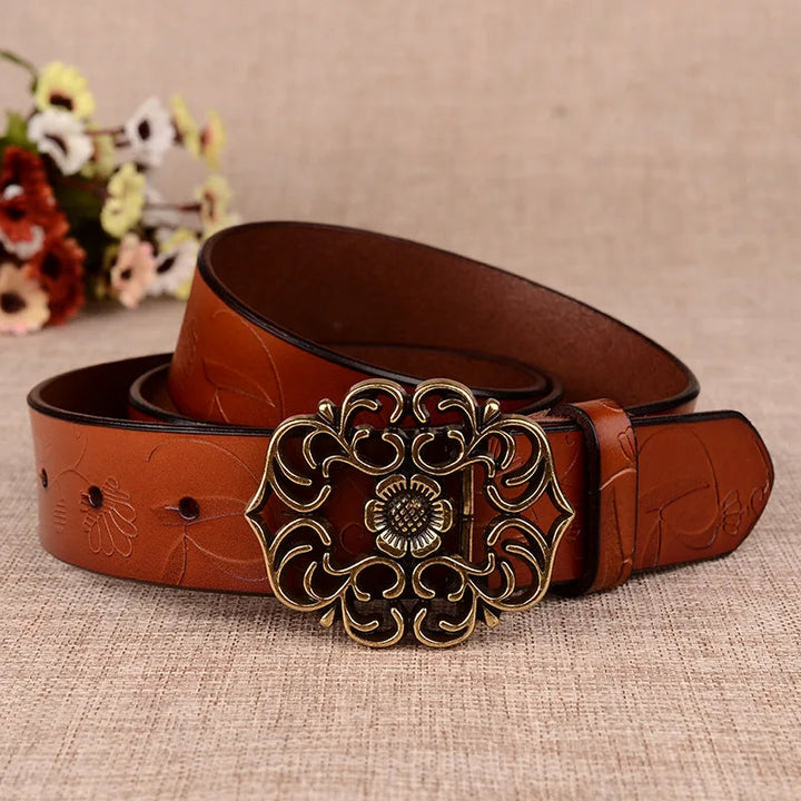 Jana Traditional Belt – Sunflower Pattern Leather Belt with Pin Buckle-Brown-105 CM-State of Style