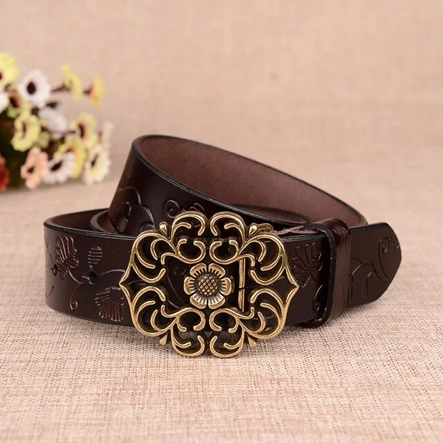 Jana Traditional Belt – Sunflower Pattern Leather Belt with Pin Buckle-Coffee-105 CM-State of Style