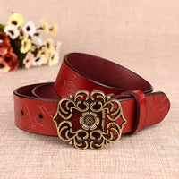 Jana Traditional Belt – Sunflower Pattern Leather Belt with Pin Buckle-Dark Red-105 CM-State of Style