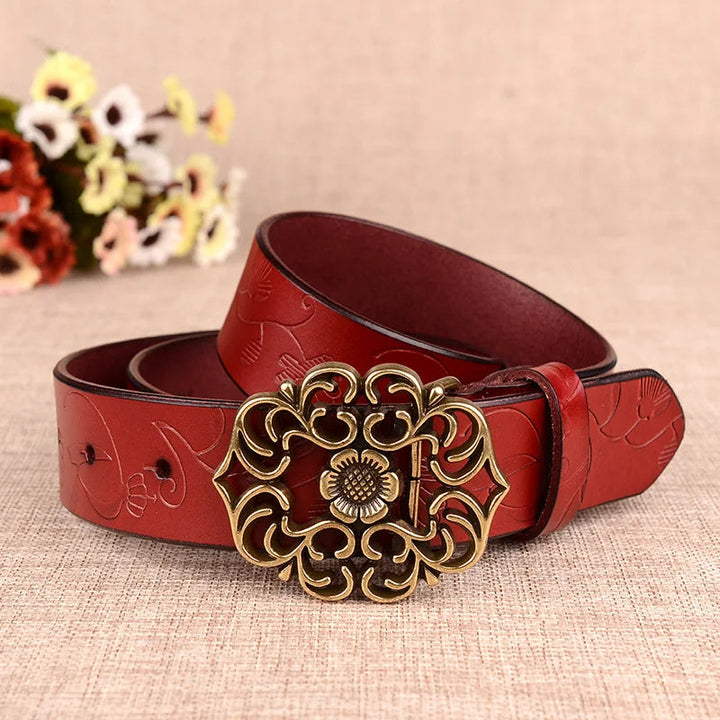 Jana Traditional Belt – Sunflower Pattern Leather Belt with Pin Buckle-Dark Red-105 CM-State of Style