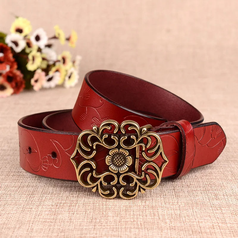 Jana Traditional Belt – Sunflower Pattern Leather Belt with Pin Buckle-Dark Red-105 CM-State of Style