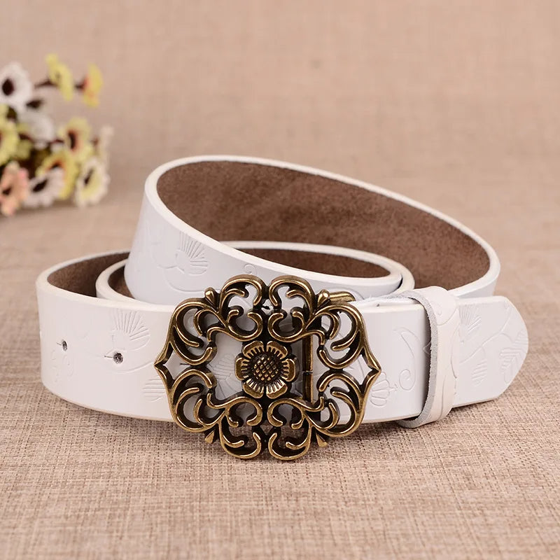 Jana Traditional Belt – Sunflower Pattern Leather Belt with Pin Buckle-White-105 CM-State of Style