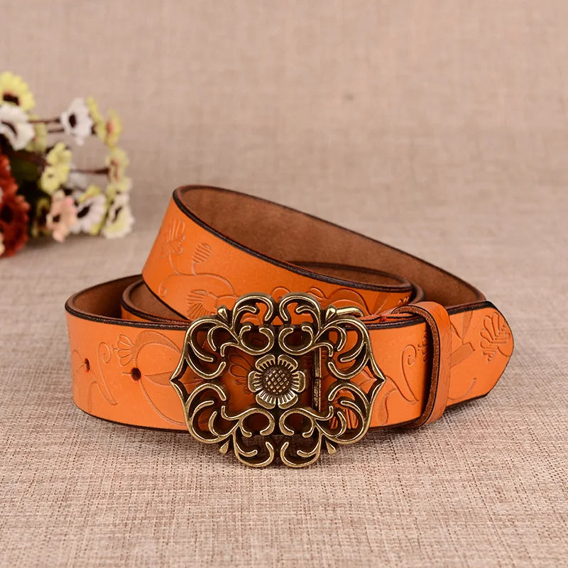 Jana Traditional Belt – Sunflower Pattern Leather Belt with Pin Buckle-Yellow Brown-105 CM-State of Style
