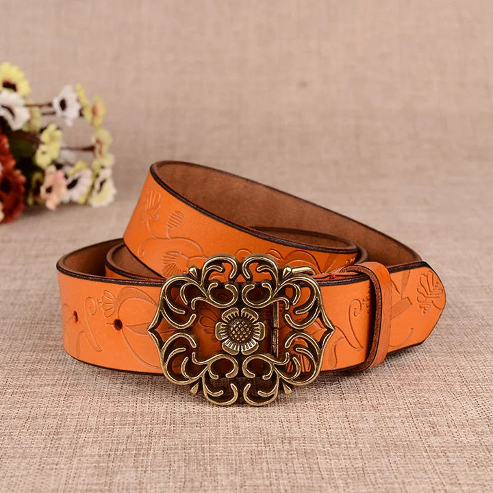 Jana Traditional Belt – Sunflower Pattern Leather Belt with Pin Buckle-Yellow Brown-105 CM-State of Style
