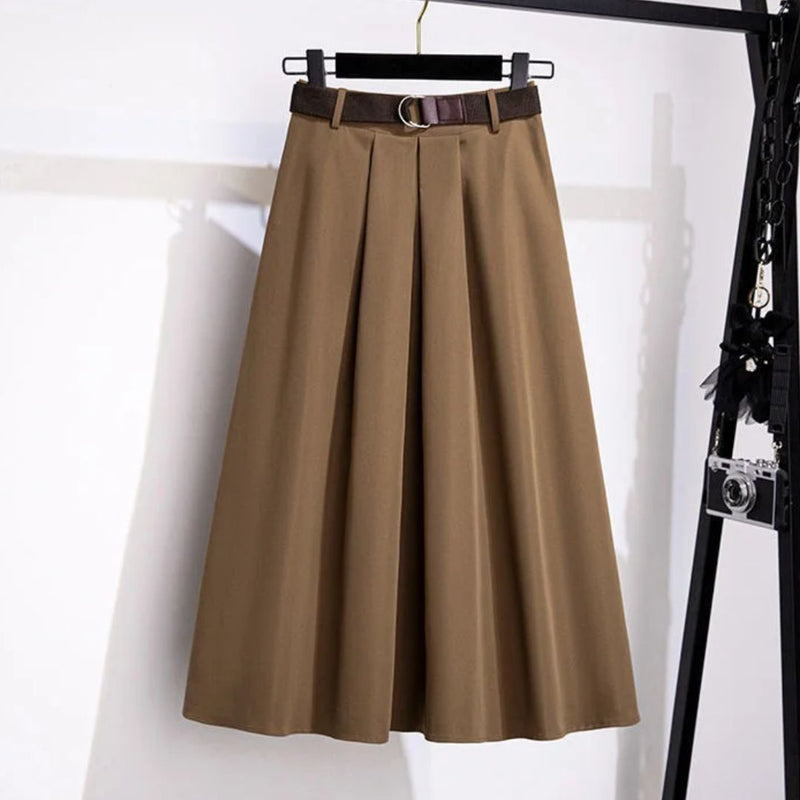 Janette Traditional Skirt – High-Waisted A-Line Vintage Midi Skirt-Khaki-L-State of Style