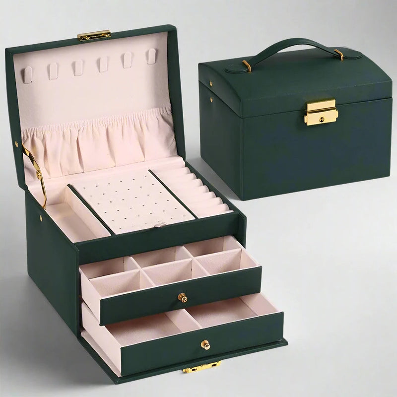 Jewellery box with 3 drawers and luxurious velvet interior – Amylin-Dark green-State of Style