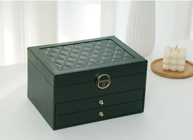 Jewellery box with multiple layers and velvet interior – Maeva-Dark green-State of Style