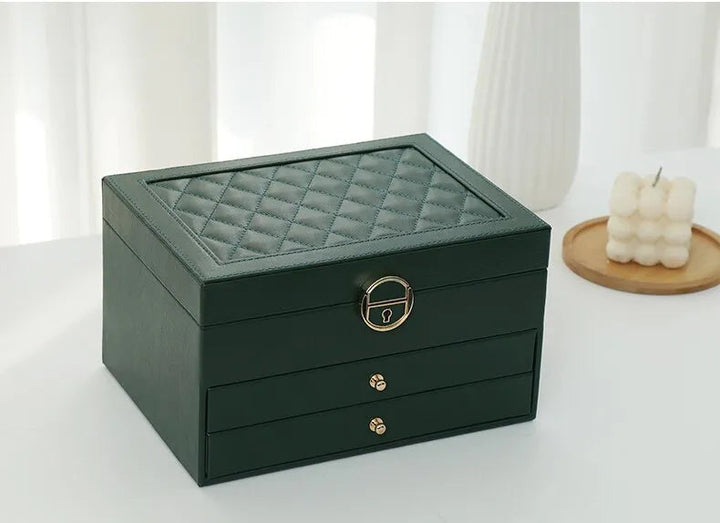 Jewellery box with multiple layers and velvet interior – Maeva-Dark green-State of Style