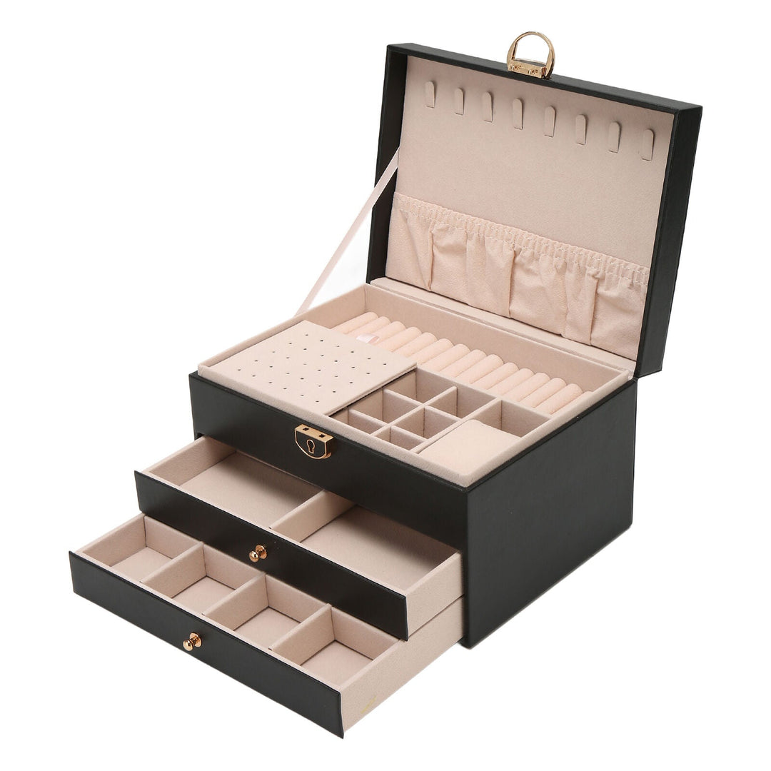 Jewellery box with multiple layers and velvet interior – Maeva-Dark green-State of Style