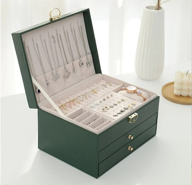 Jewellery box with multiple layers and velvet interior – Maeva-Dark green-State of Style