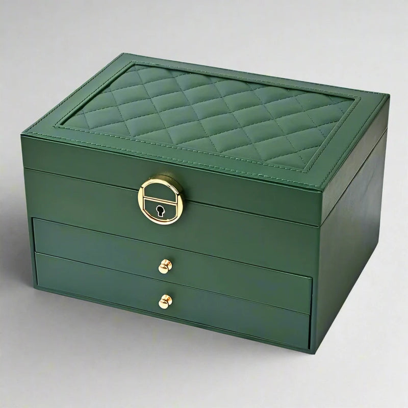 Jewellery box with multiple layers and velvet interior – Maeva-Dark green-State of Style