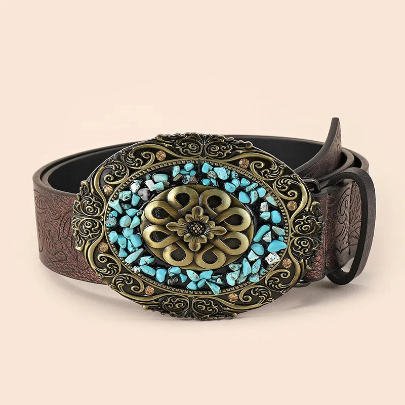 Johanna Traditional Belt – Blue Retro Ethnic Belt with Intarsia Design-State of Style