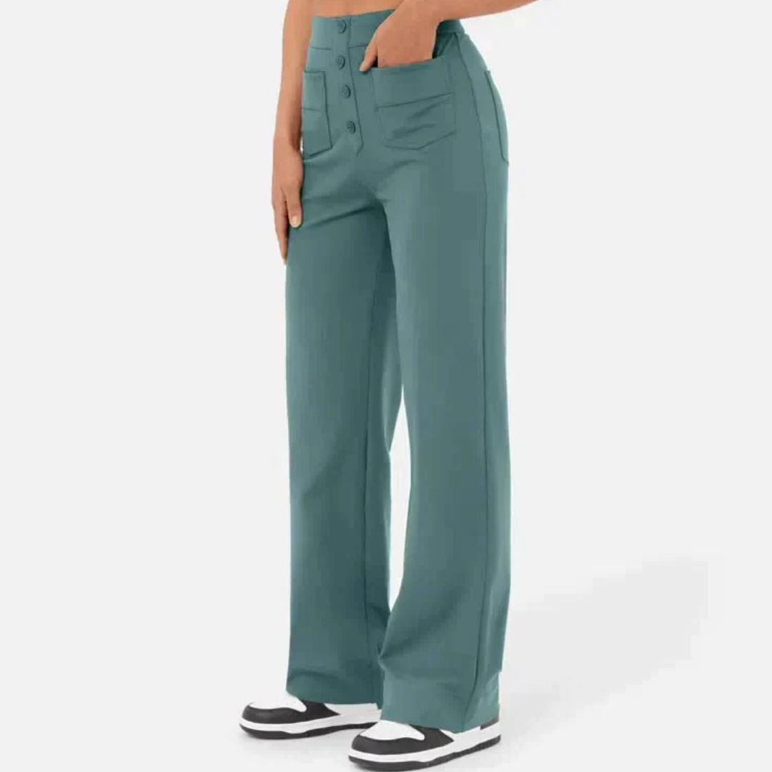 Jonna Comfort Trousers – High-Waisted Stretch Leisure Pants-Stone Green-S-State of Style