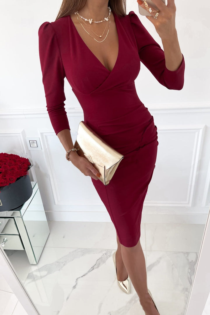 Jorieke's Dress | Bodycon Dress with V-Neck for Women-Red Wine-S-State of Style
