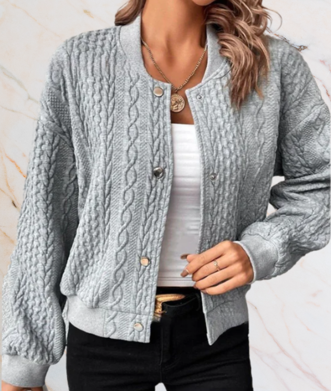 Jorja – Button-Up Sweater with Embossed Pattern Design-S-Grey-State of Style
