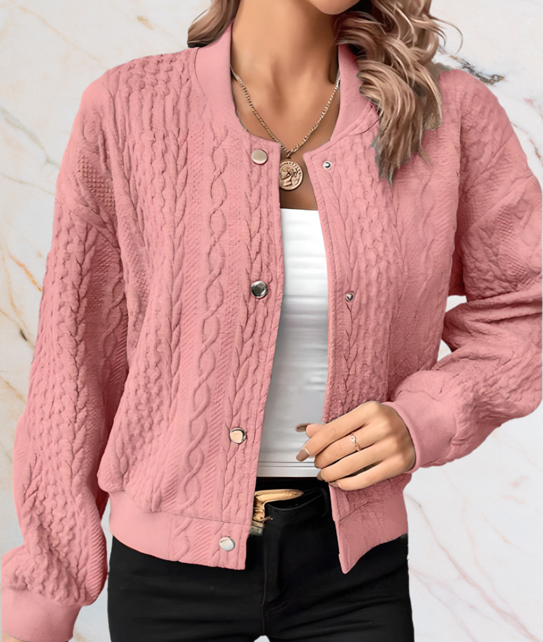 Jorja – Button-Up Sweater with Embossed Pattern Design-S-Pink-State of Style