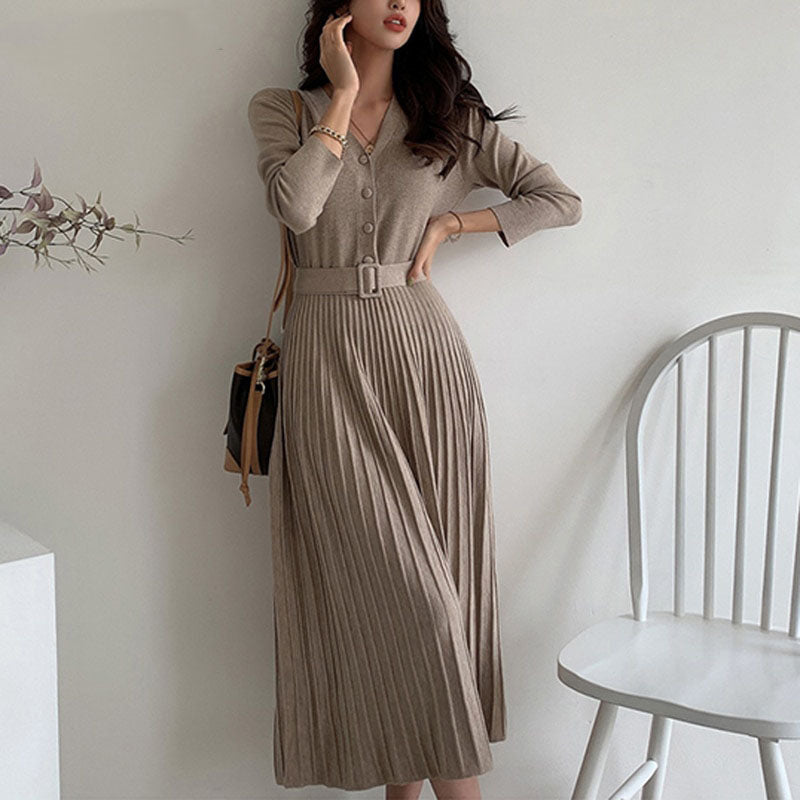 JoseDress I V-Neck Dress with Belt for Women-Oatmeal-One size fits all-State of Style