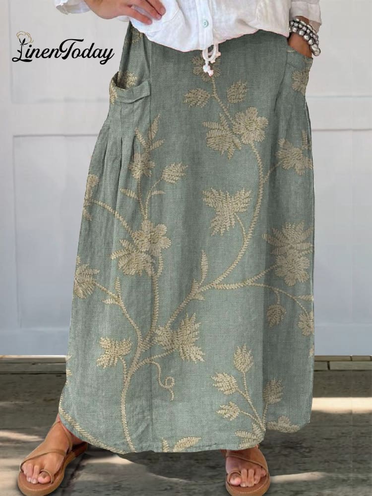Linen Maxi Skirt with Floral Print – Aurelia