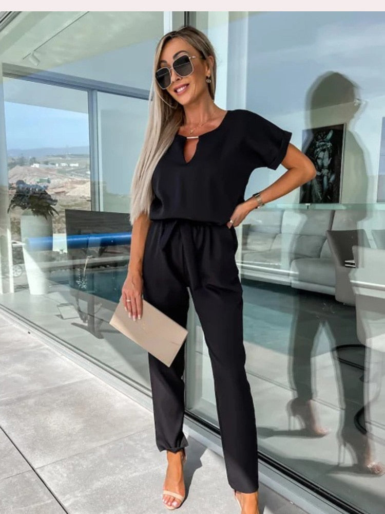 Jumpsuit with Short Sleeves and Belt - Eliana-Black-S-State of Style