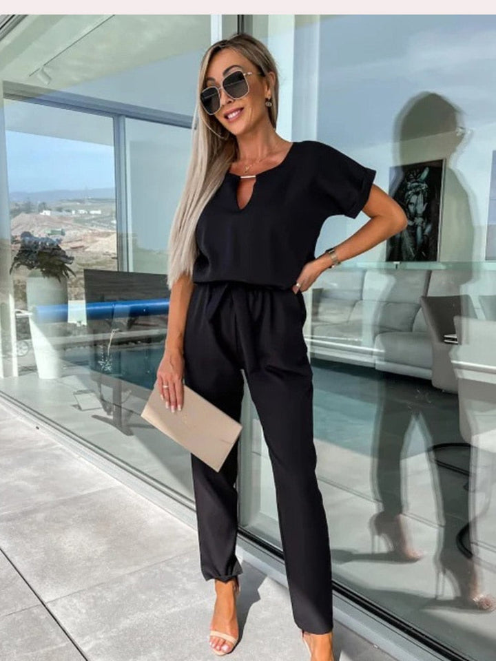 Jumpsuit with Short Sleeves and Belt - Eliana-Black-S-State of Style