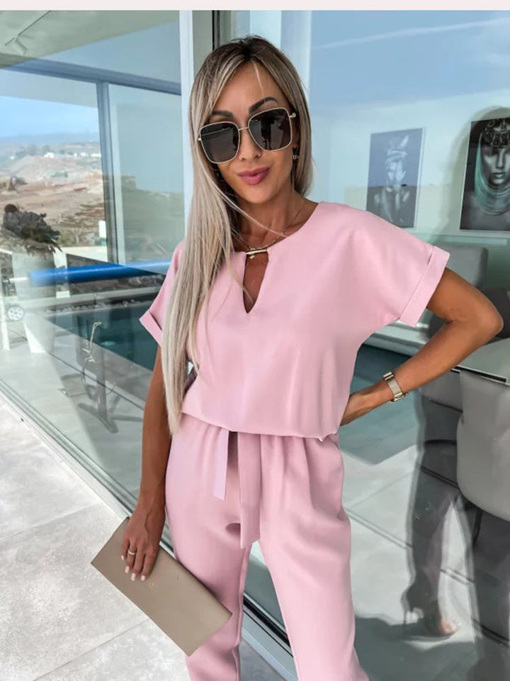 Jumpsuit with Short Sleeves and Belt - Eliana-Fuchsia-S-State of Style