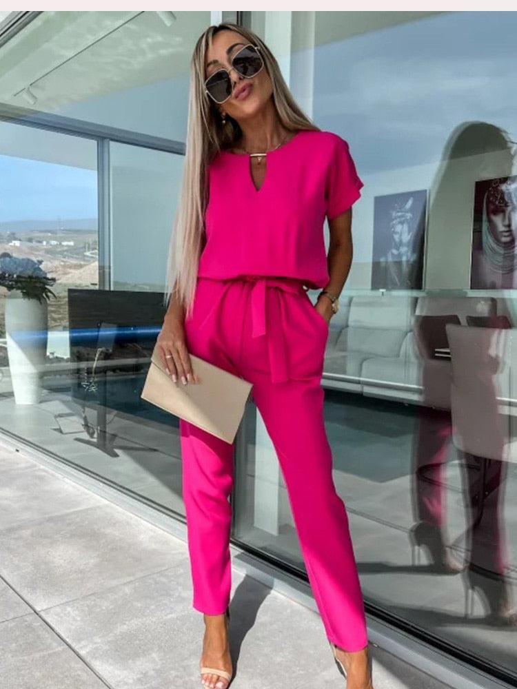Jumpsuit with Short Sleeves and Belt - Eliana-Fuchsia-S-State of Style