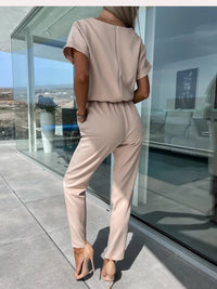 Jumpsuit with Short Sleeves and Belt - Eliana-Khaki-S-State of Style
