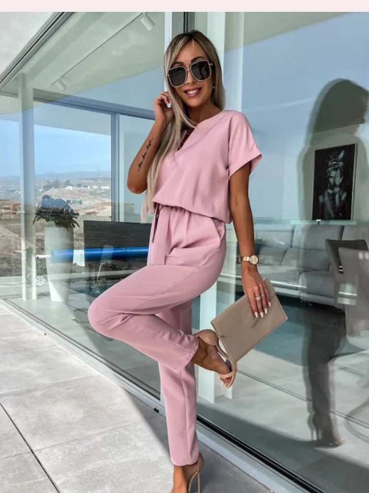 Jumpsuit with Short Sleeves and Belt - Eliana-Light pink-S-State of Style
