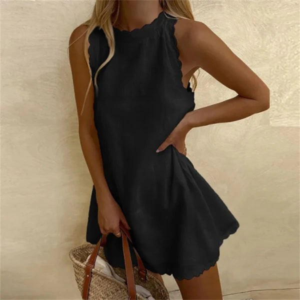 Karina Linen Dress with Red Cotton O-Neck | Comfortable & Stylish-Black-S-State of Style