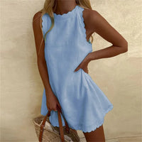 Karina Linen Dress with Red Cotton O-Neck | Comfortable & Stylish-Blue-S-State of Style