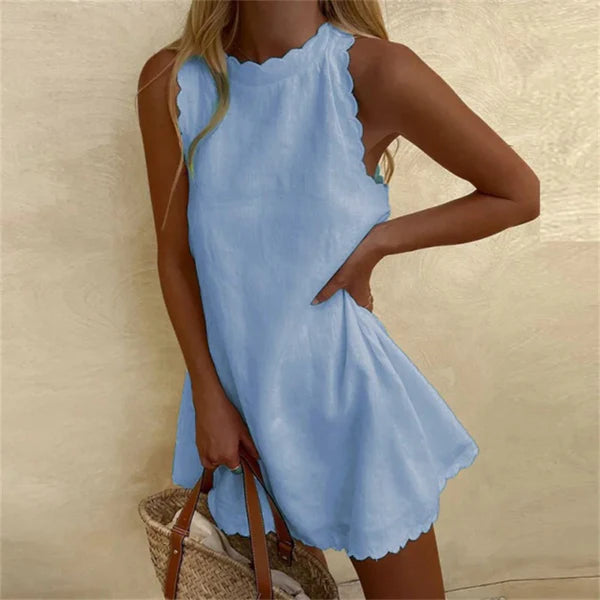Karina Linen Dress with Red Cotton O-Neck | Comfortable & Stylish-Blue-S-State of Style
