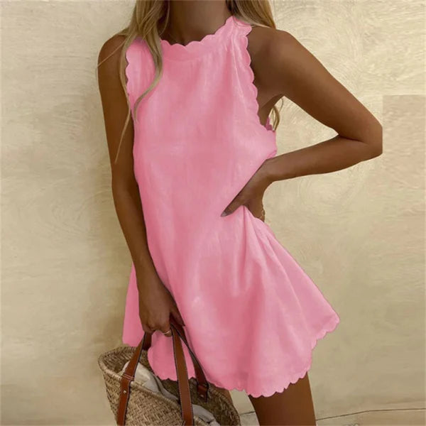 Karina Linen Dress with Red Cotton O-Neck | Comfortable & Stylish-Light Pink-S-State of Style