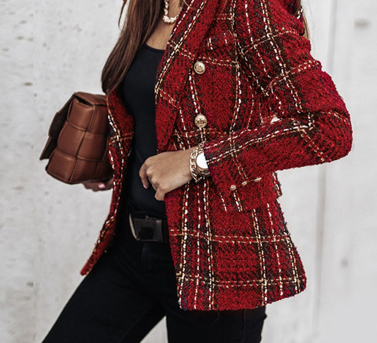 Karo Double-Breasted Blazer – Elegant & Stylish for Every Day-Red-36-State of Style