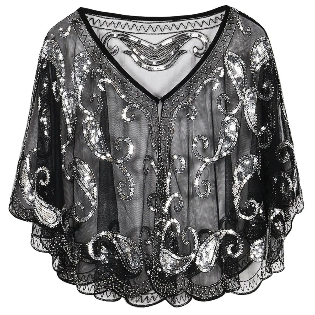 Kathy 1920s Glitter Sequin Cape-Black-State of Style