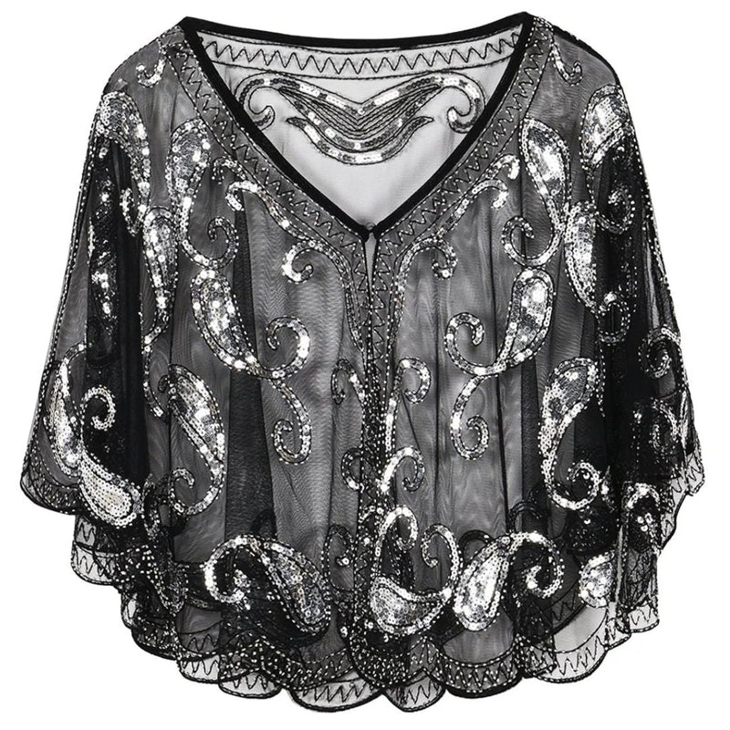 Kathy 1920s Glitter Sequin Cape-Black-State of Style